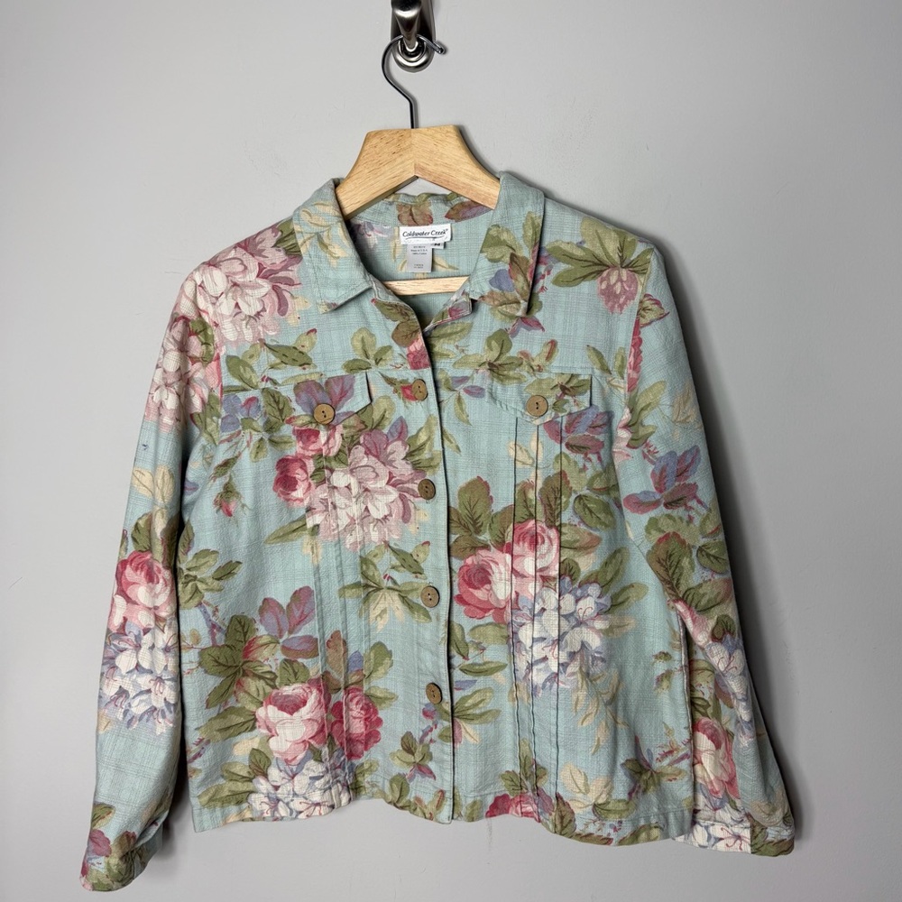 Vintage Coldwater Creek Woven Cotton Barn Chore Jacket Hydrangea Floral Medium p